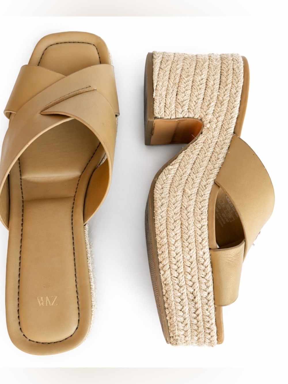 Zara Chunky Heel Leather Wedges Platform Nude size 9 Sandals Slip On - Picture 1 of 6